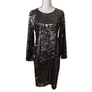 Tahari black sequin long sleeved sheath dress sz12